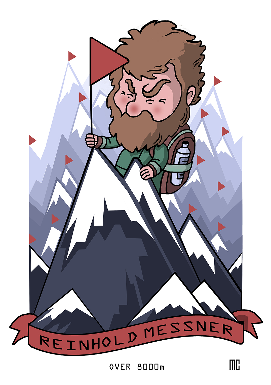 Reinhold Messner Alpi First Man Mountaintop Illustration.