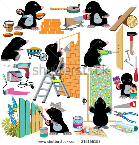 Set With Cartoon Mole Working Home Renovation Works, Isolated.