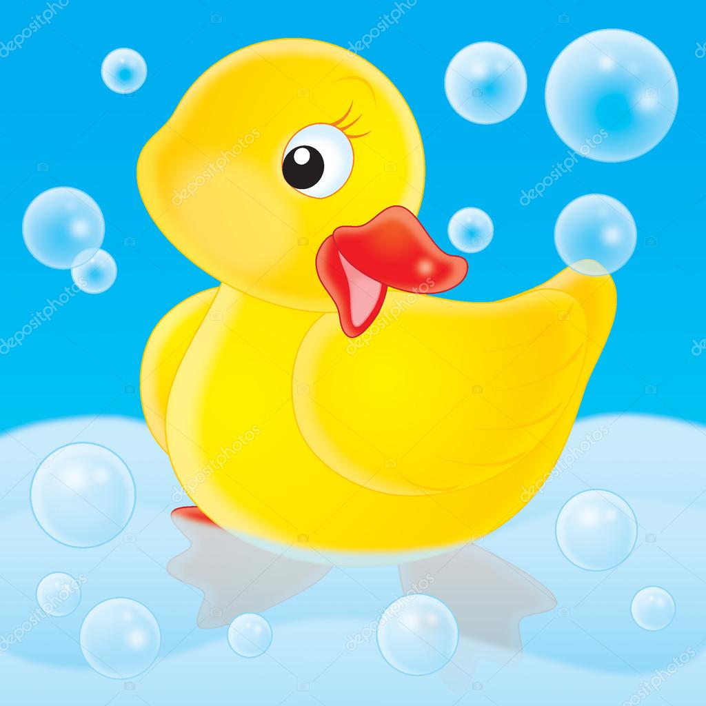 Cute yellow rubber duck posing in a tub — Stock Photo.