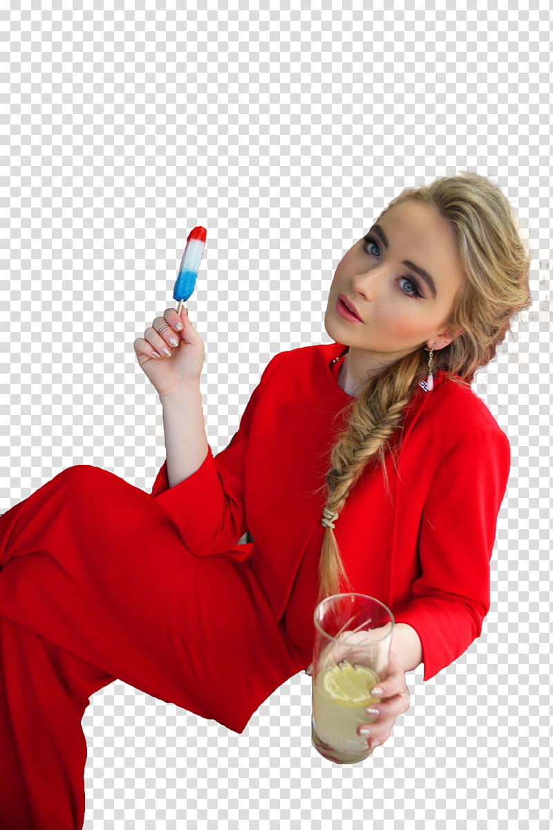 Sabrina Carpenter, woman holding popsicle and drinking glass.