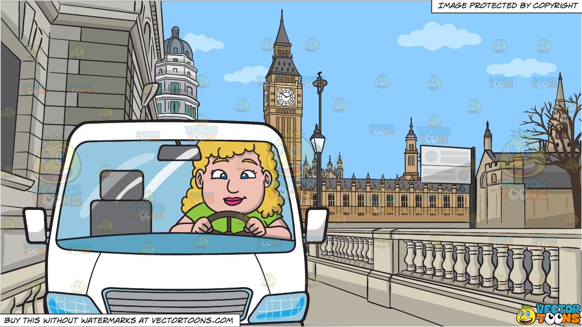 A Chubby Woman Driving A White Family Van and A Road Leading To The Big Ben  Tower Background.