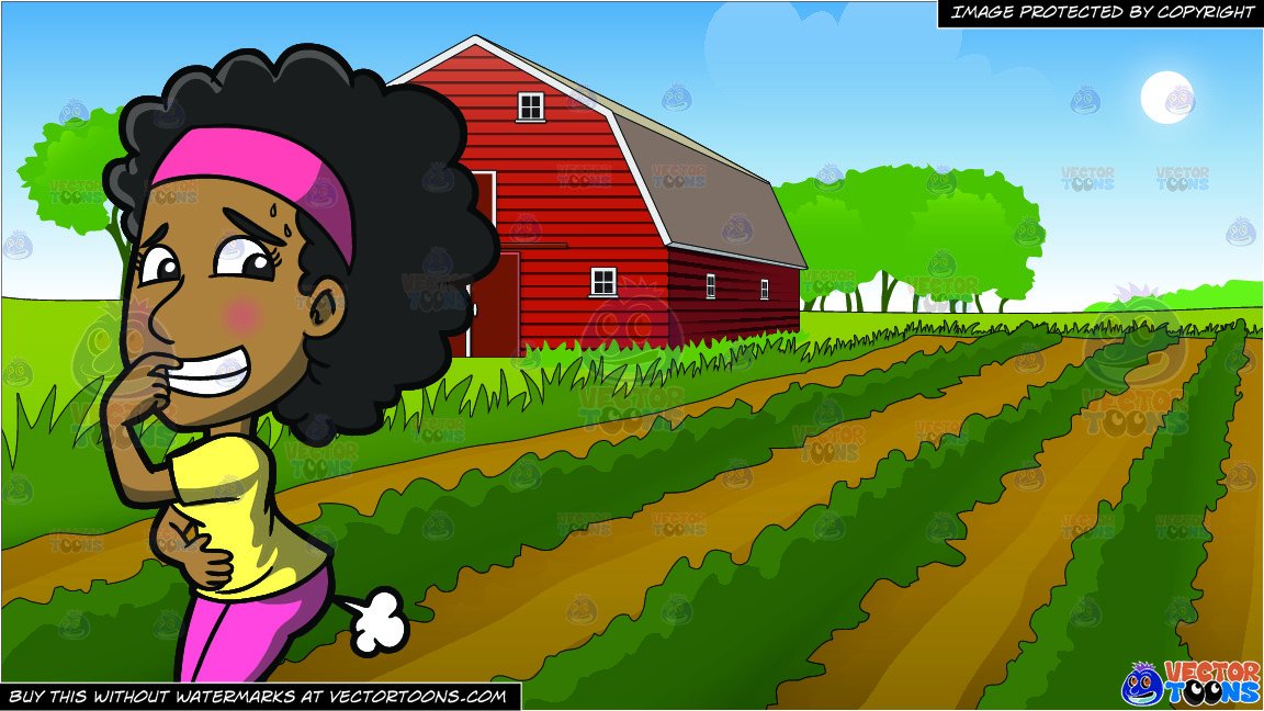 An Embarrassed Black Woman Farting Out Loud and Farm Field And Barn  Background.