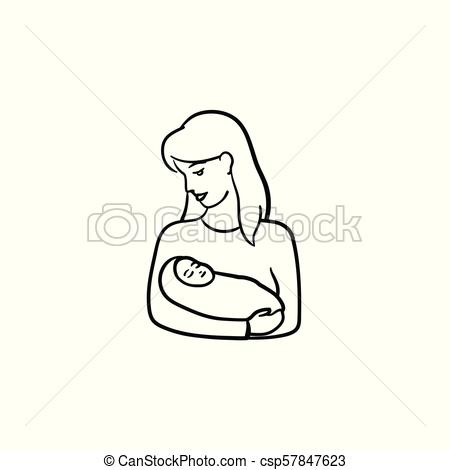 A woman with wraped baby hand drawn outline doodle icon..