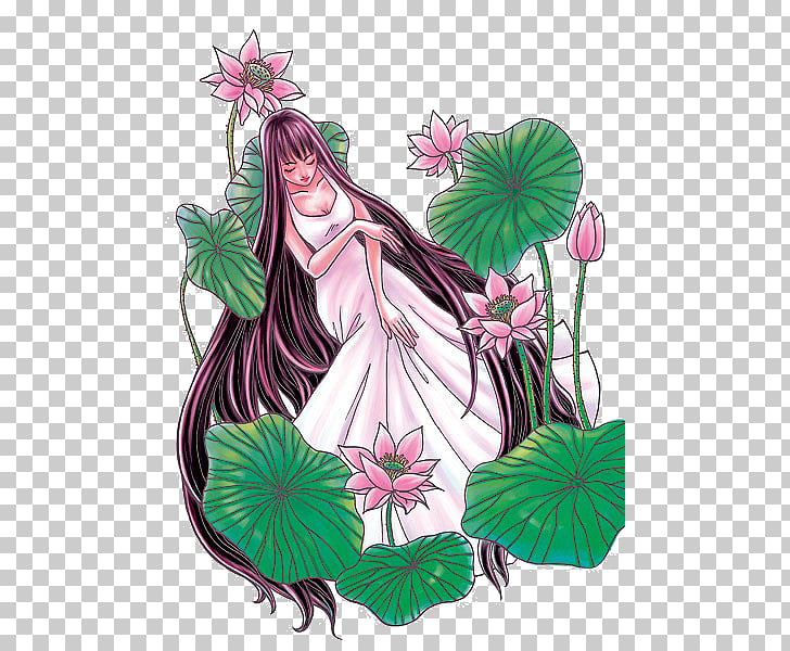 Cartoon Floral design Illustration, Cartoon lotus woman PNG.