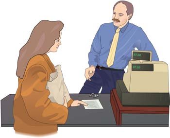 Woman paying bill in supermarket Clipart Picture.