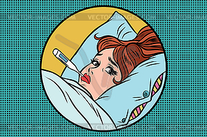 Sick young woman lying in bed with thermometer.