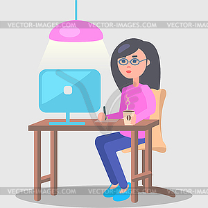 Woman Works in Office at Computer.