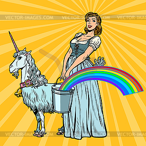 Unicorn rainbow woman with bucket.