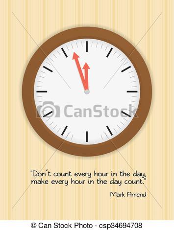 Vector Clipart of Wood clock on wall with wallpaper and quote.