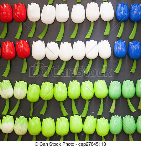 Stock Photography of wooden tulips in amsterdam souvenir shop.