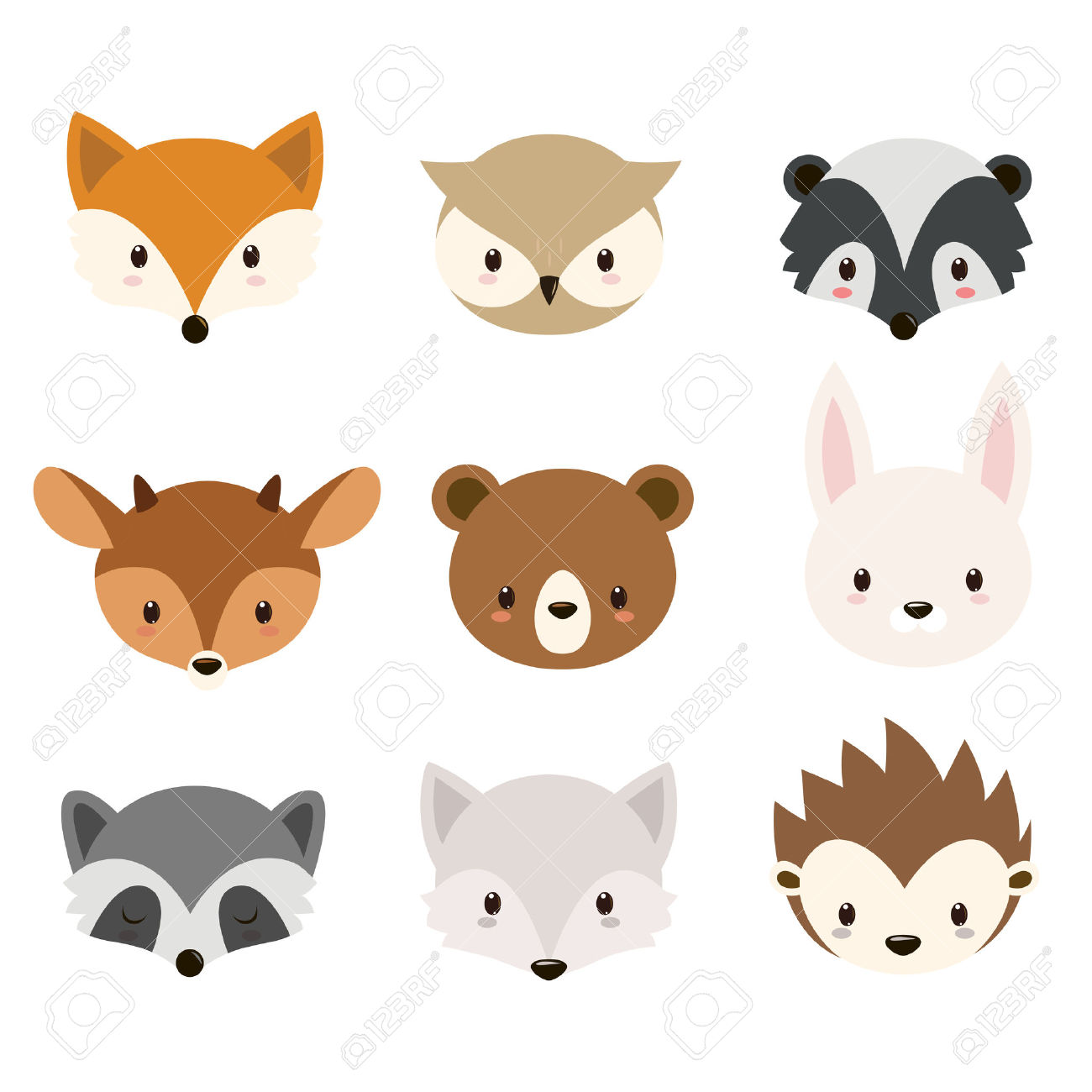 Cute Woodland Animals Collection. Animals Heads Isolated On White.