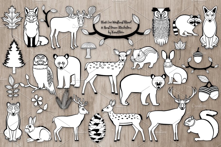 Black and White Woodland Animals.