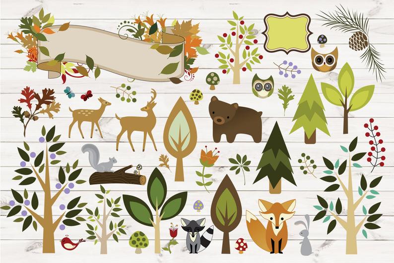 Woodland Forest Animals Clipart, PNG, Vector Clipart, Woodland Clip Art,  Forest Clip Art, Deer, Fox, Raccoon owls bear, rabbit, birds.