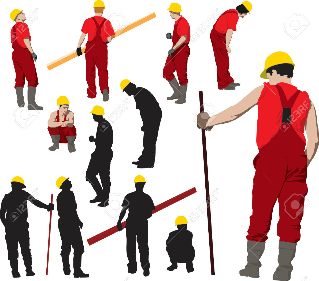 Team Of Construction Workers In Red Workwear An Yellow Helmets.