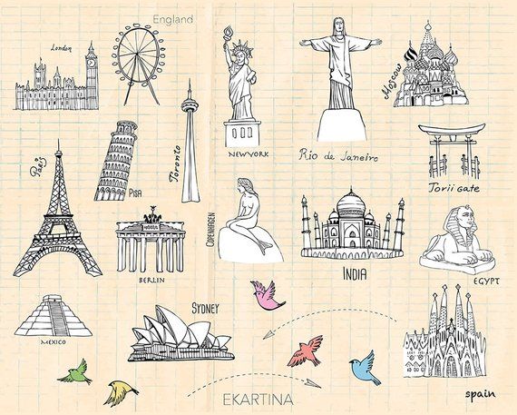 Travel doodle ClipArt,famous places Clipart,Hand drawn.