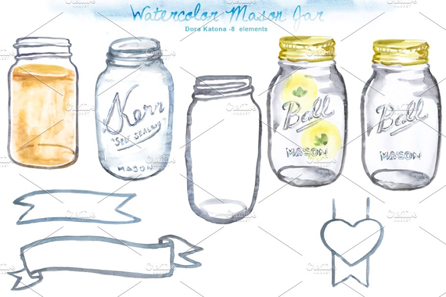 Watercolor Mason Jar Clipart.