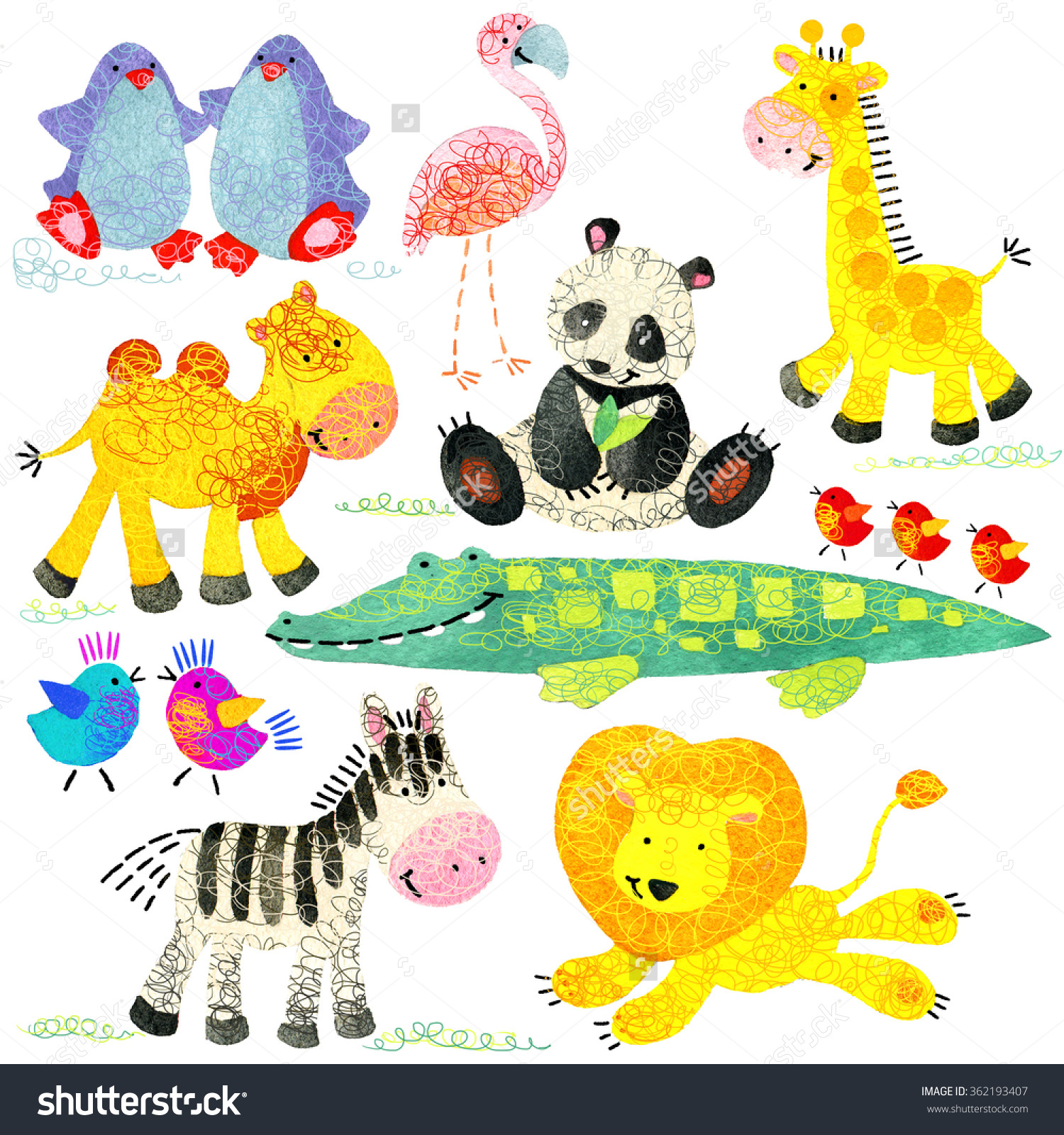 Watercolor Zoo Animals Set Cartoon Wild Stock Illustration.