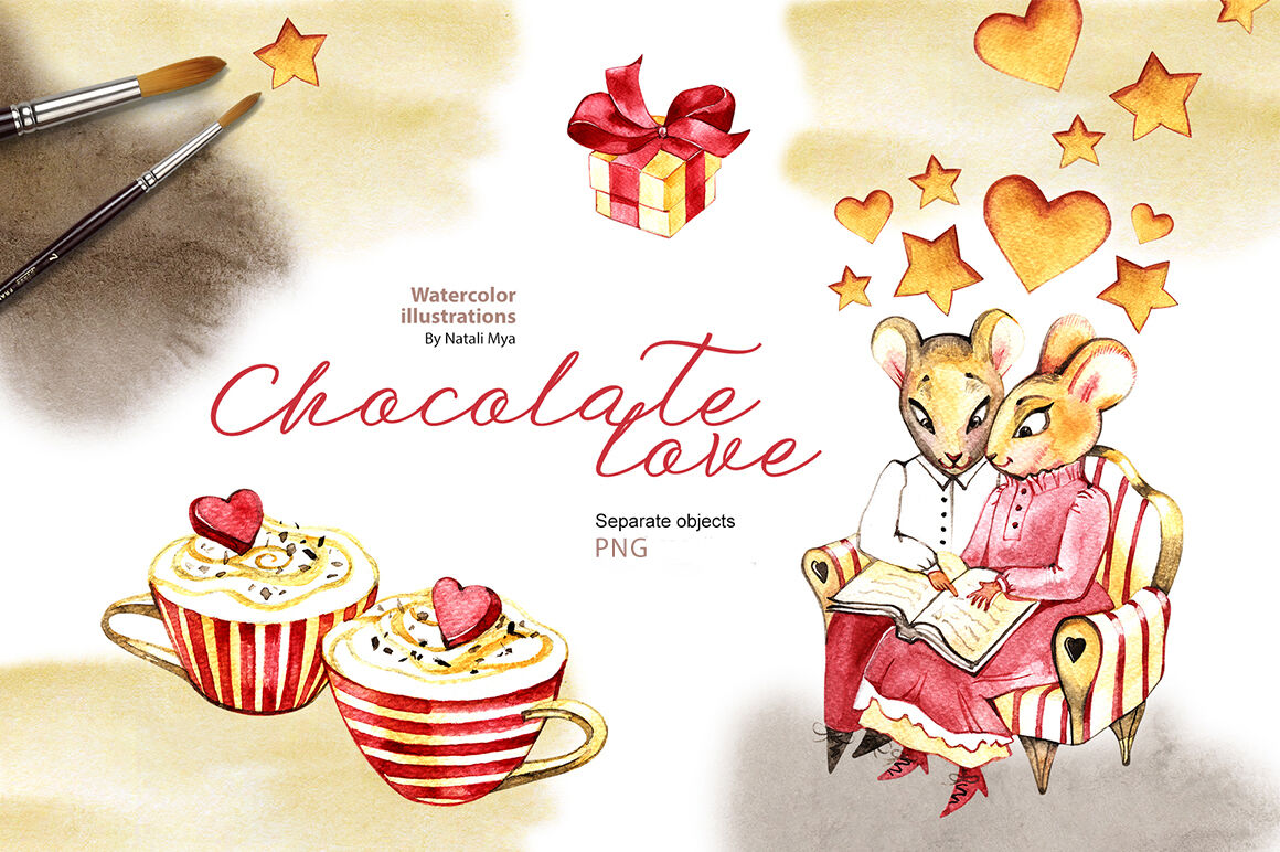 Watercolor cliparts. Chocolate love. By aquarelloaquarelle.