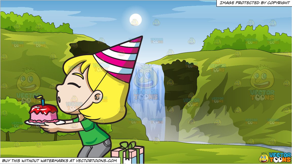 A Happy Birthday Girl Making A Wish and Peaceful Waterfall Background.