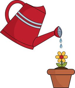 clip art illustration of a red watering can watering a.