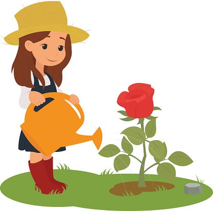 girl watering flowers. Clipart Image.