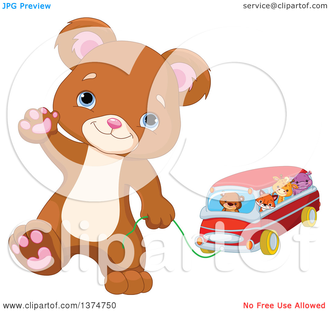 Clipart of a Cute Bear Cub Walking Upright, Waving and Pulling a.