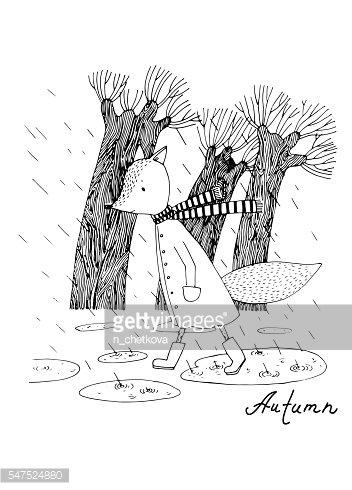 Sad fox walking in the rain. Clipart Image.