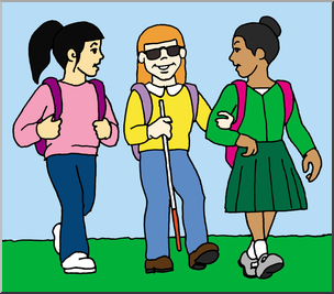 Blind Child and Friends Walking to School Clip Art (Color).