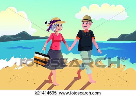 Senior couple walking on the beach Clipart.