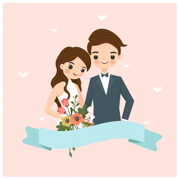 Cute bride and groom cartoon for wedding invitation card.