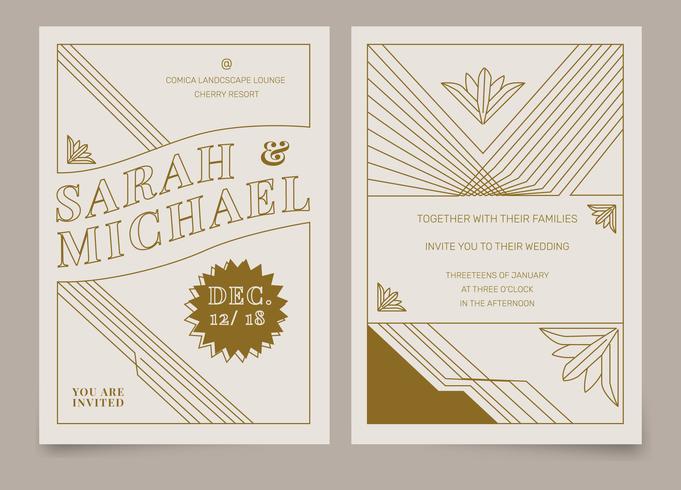 Brown Vintage Art Deco Wedding Invitation Vector Template.