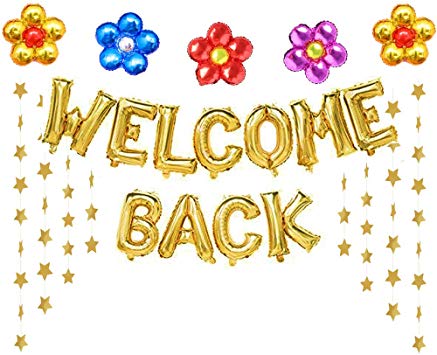 Welcome Back Balloons Gold Welcome Back Banner Back to School Party  Supplies with Flower Balloons Star Banners First Day of School Classroom,  Wedding,.