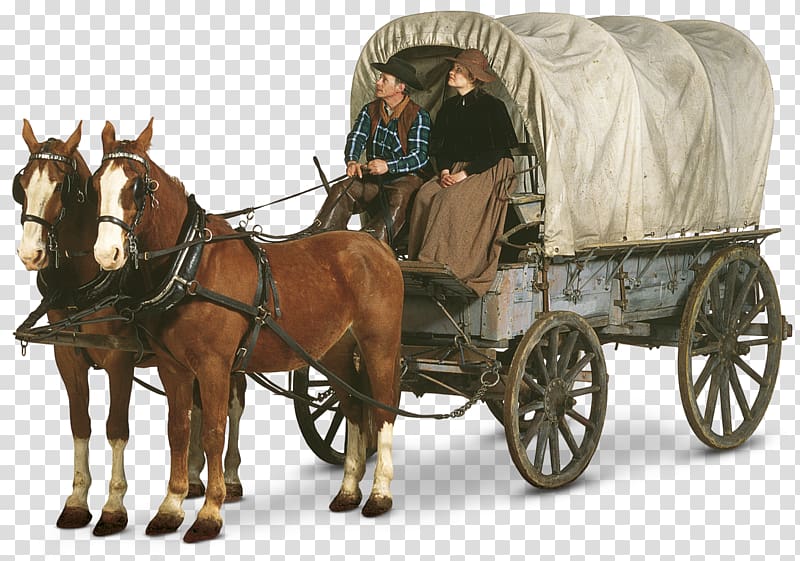 Man and woman riding horse carriage, Oregon Trail Western.