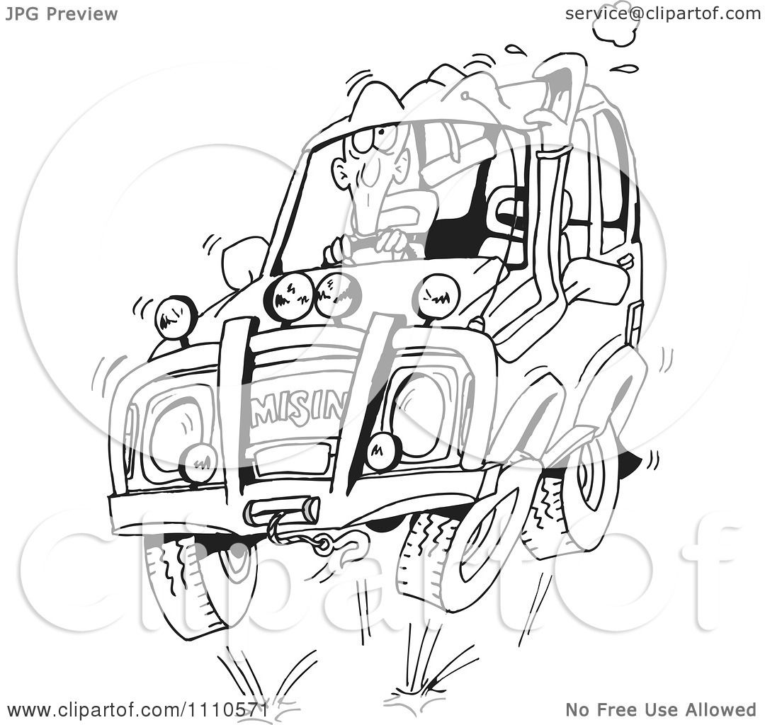 Clipart Black And White Man Four Wheeling In His SUV.