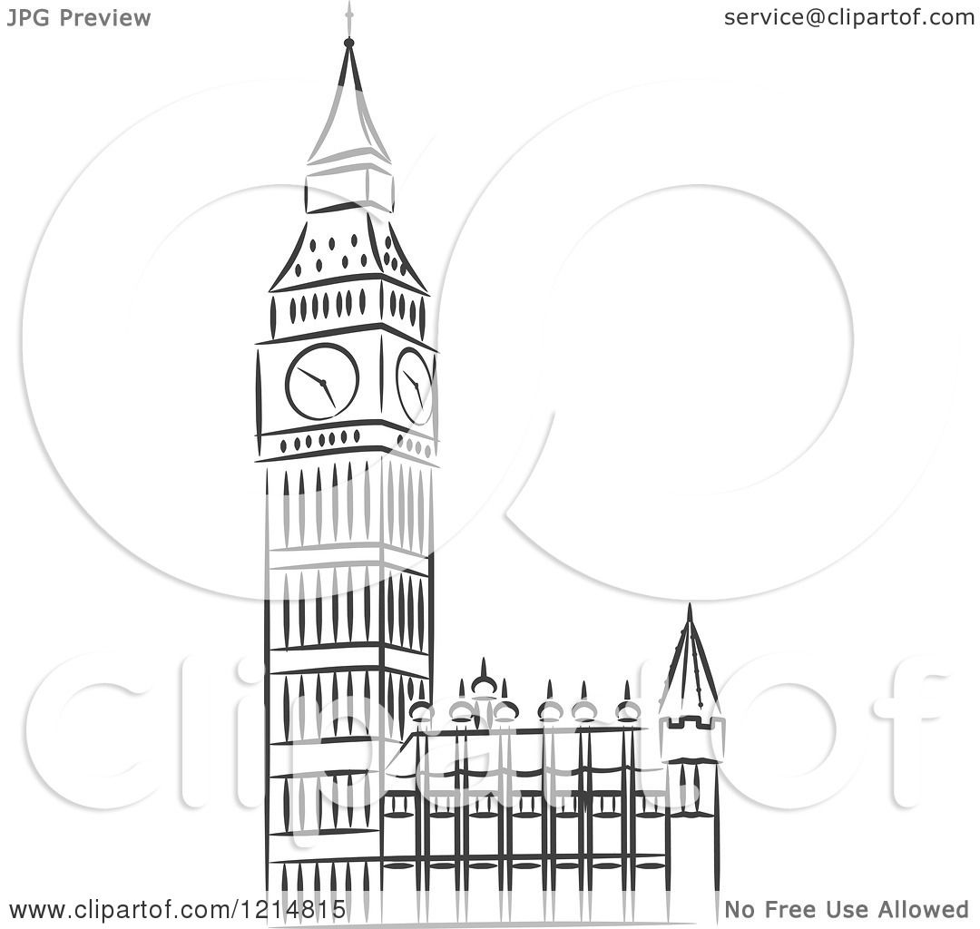 Clipart of a Black and White Sketched Big Ben Clock Tower.