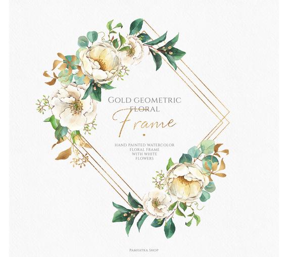 Floral frame clip art, watercolor flowers, geometric gold.