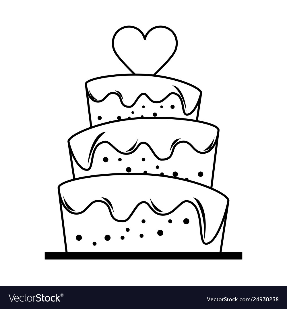 Wedding cake with heart cartoon in black and white.