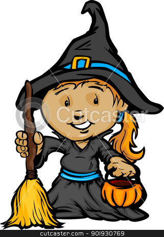 Cute Halloween Girl In Witch Costume Cartoon Vector.