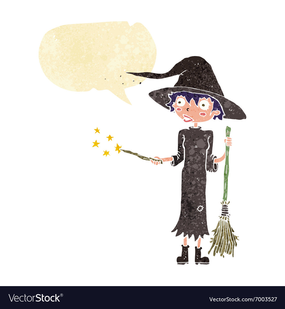 Cartoon witch casting spell with speech bubble.