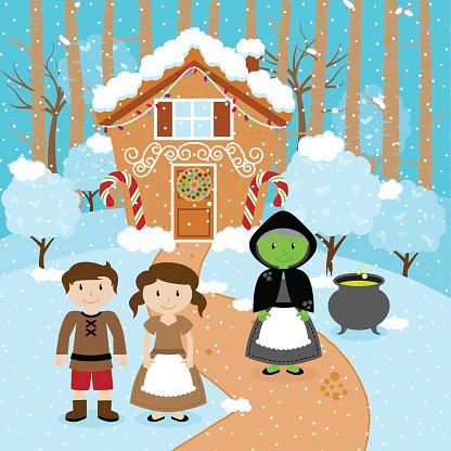 Fairy Tale Vector Scene with Hansel and Gretel, the Witch.