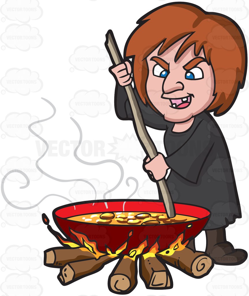 A Witch Stirring A Mixture In A Big Pot Over The Fire Cartoon Clipart.