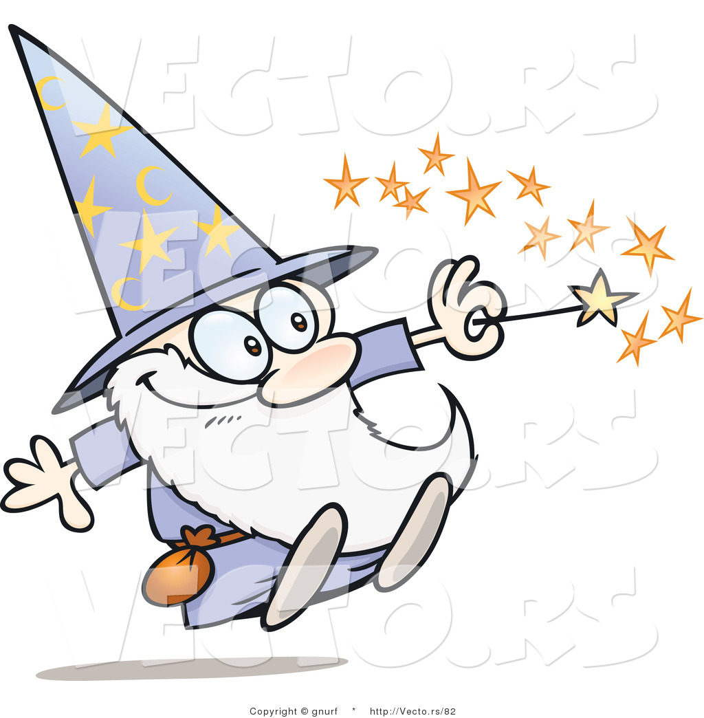 Vector of a Happy Cartoon Wizard Casting a Spell with His.