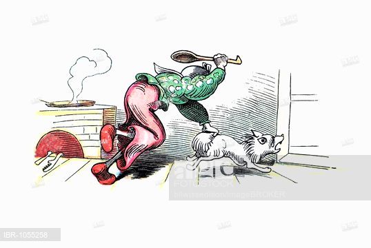 Book illustration, widow Bolte hitting her dog Spitz because of.