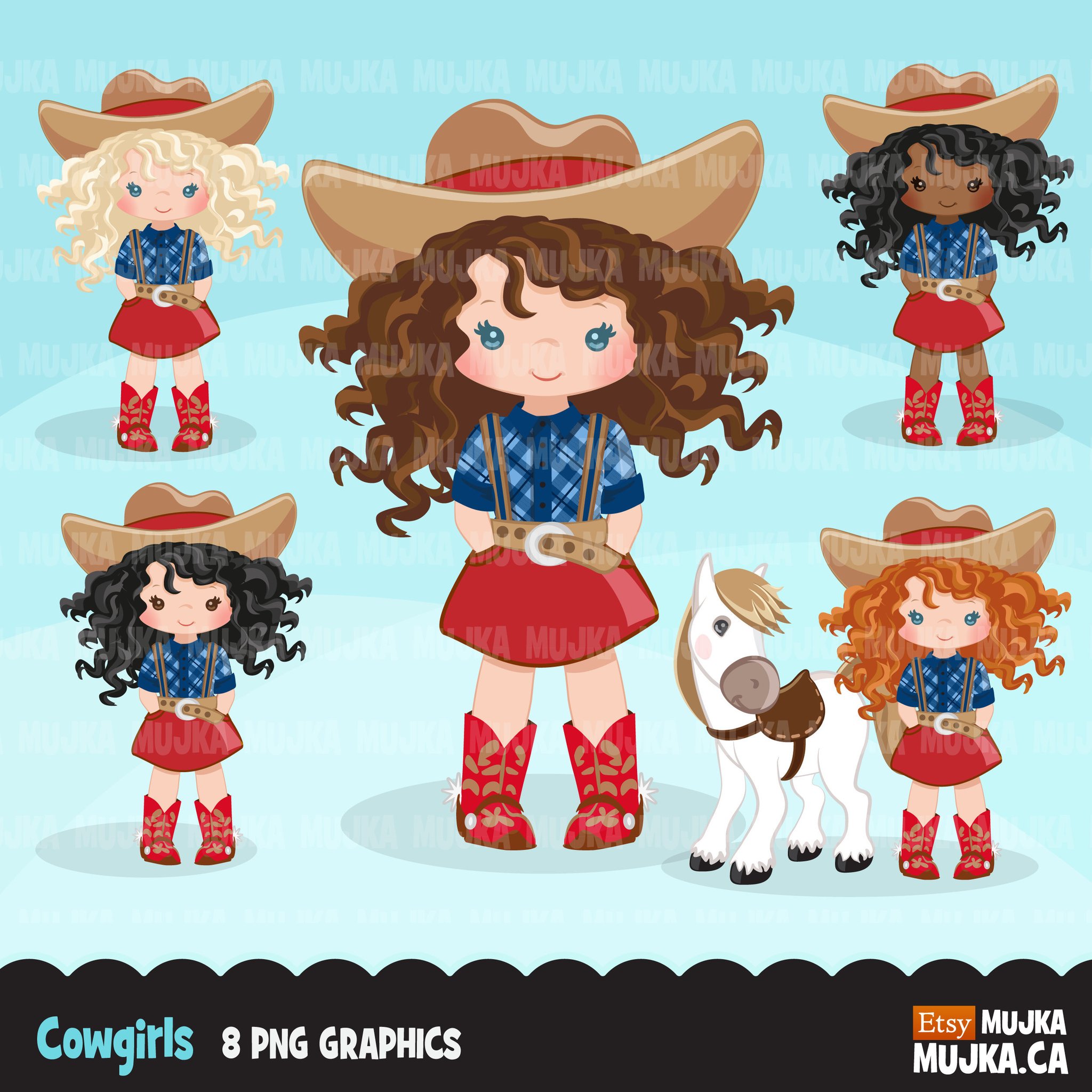 Cowgirls with curly hair and horse clipart, farmer.