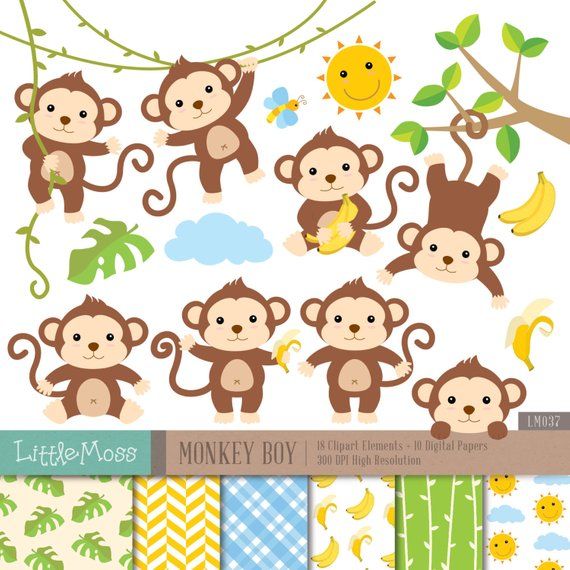 Monkey Boy Digital Clipart and Papers, Monkey Clipart.