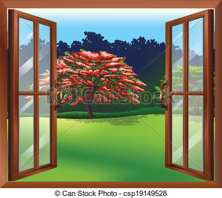 Vector Illustration of An open window with a view of the big tree.