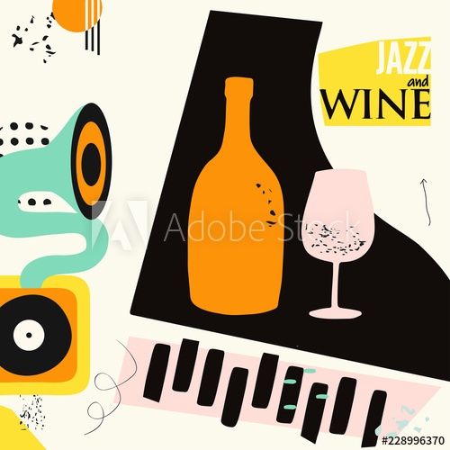 Music and wine colorful background flat vector illustration.