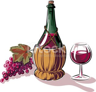 wine glass, fiasco and grapes Clipart Image.