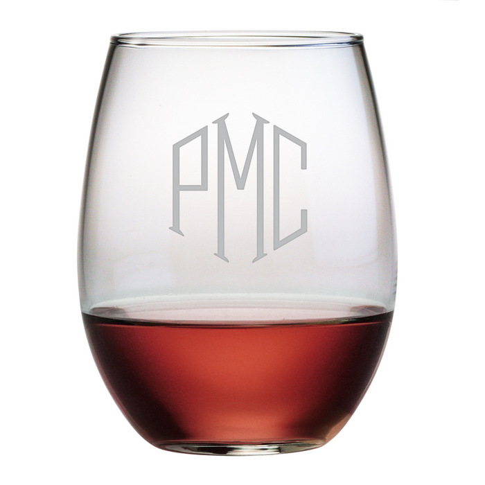 Set of 4 Monogrammed Stemless 21oz Wine Glasses w/ Diamond.