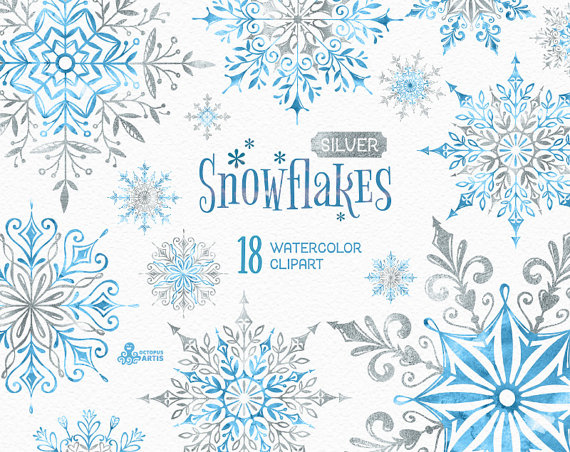 Snowflakes Silver. 18 Watercolor separate Elements, clipart.